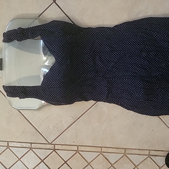 Vintage Navy Polka Dot V-neck Back Cut Out Strap Front Split Dress SZ 7/8 - Picture 3 of 16